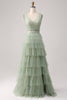 Load image into Gallery viewer, Pleated A Line Tiered Green Prom Dress with Slit