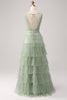 Load image into Gallery viewer, Pleated A Line Tiered Green Prom Dress with Slit