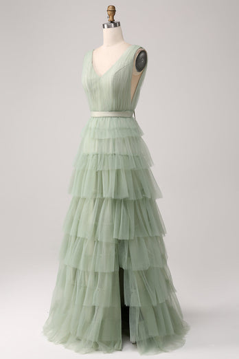 Pleated A Line Tiered Green Prom Dress with Slit