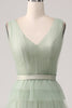 Load image into Gallery viewer, Pleated A Line Tiered Green Prom Dress with Slit