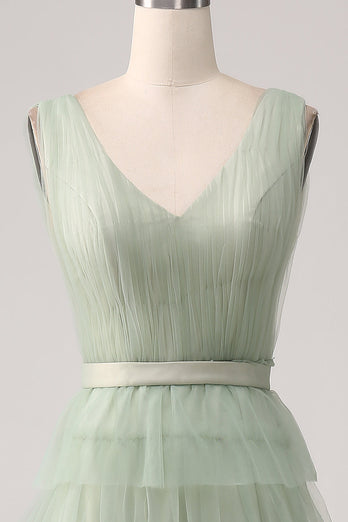 Pleated A Line Tiered Green Prom Dress with Slit