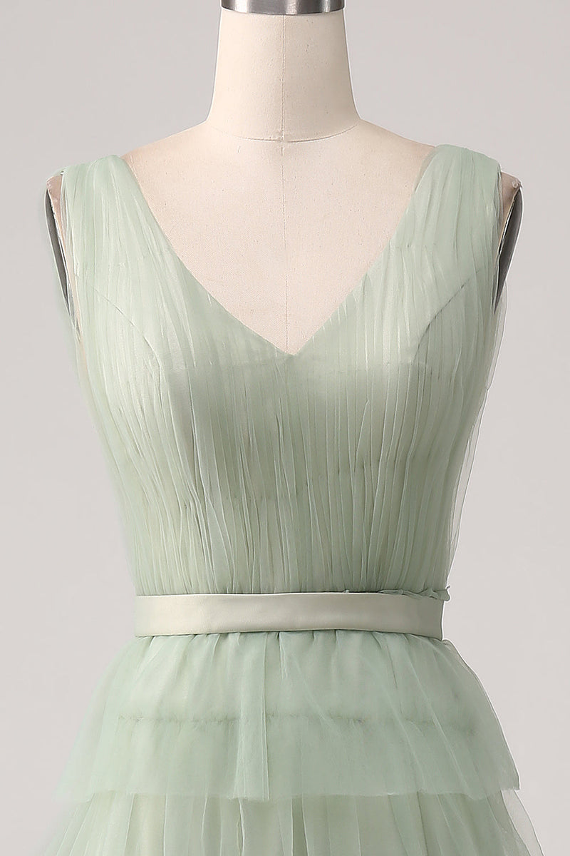 Load image into Gallery viewer, Pleated A Line Tiered Green Prom Dress with Slit