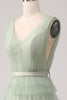 Load image into Gallery viewer, Pleated A Line Tiered Green Prom Dress with Slit