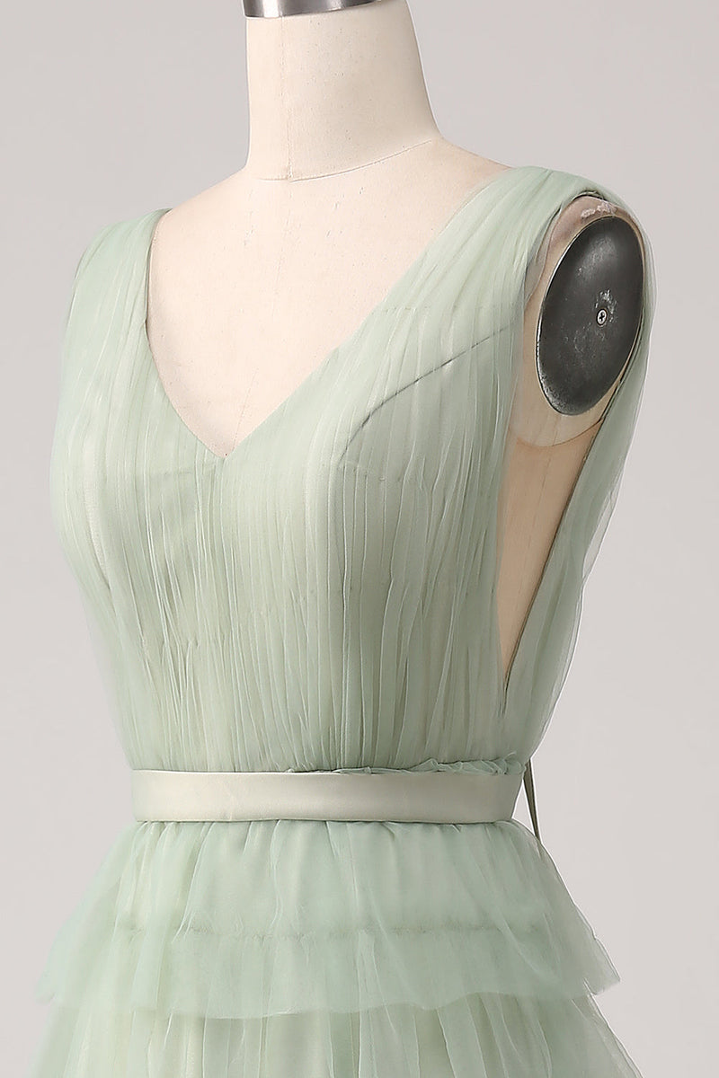 Load image into Gallery viewer, Pleated A Line Tiered Green Prom Dress with Slit