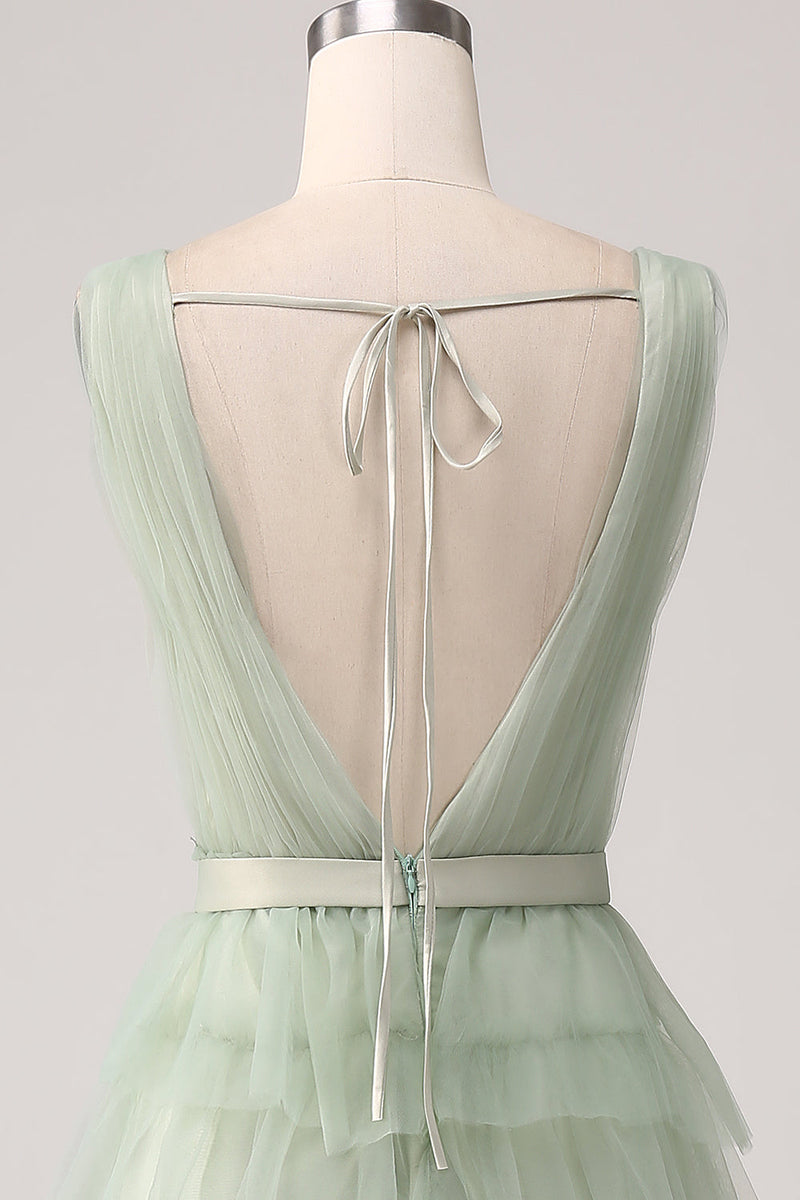 Load image into Gallery viewer, Pleated A Line Tiered Green Prom Dress with Slit