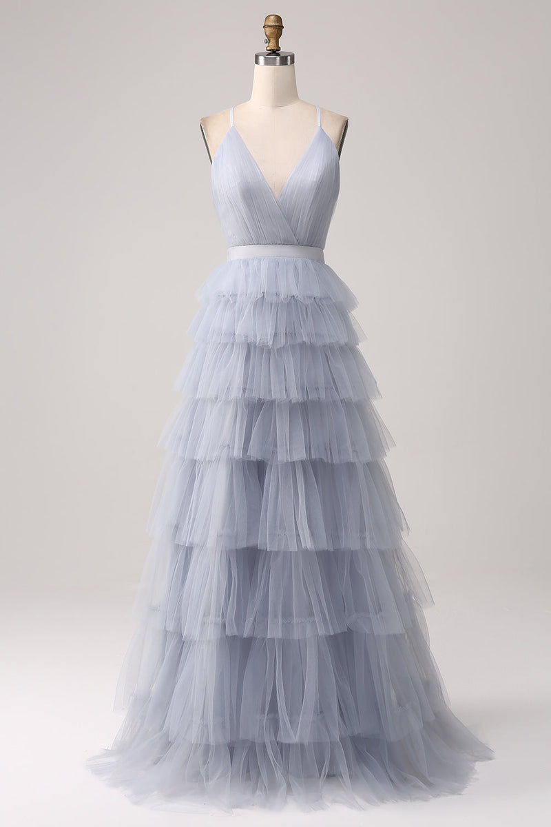 Load image into Gallery viewer, Grey Blue A Line Tiered Tulle Backless Long Prom Dress