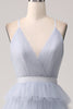 Load image into Gallery viewer, Grey Blue A Line Tiered Tulle Backless Long Prom Dress