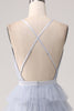 Load image into Gallery viewer, Grey Blue A Line Tiered Tulle Backless Long Prom Dress