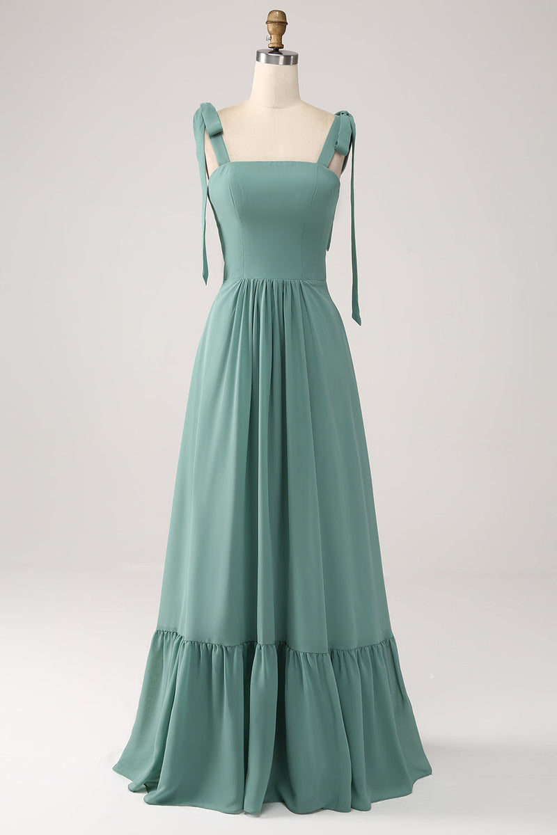 Load image into Gallery viewer, A Line Chiffon Green Long Bridesmaid Dress with Pleated