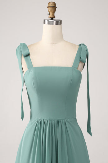 A Line Chiffon Green Long Bridesmaid Dress with Pleated