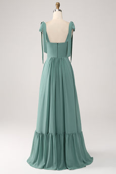 A Line Chiffon Green Long Bridesmaid Dress with Pleated