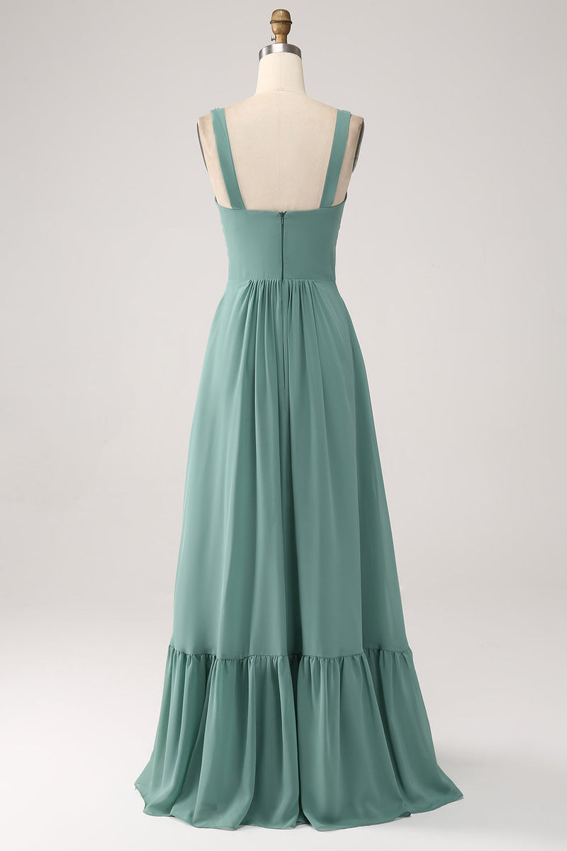 Load image into Gallery viewer, A Line Chiffon Green Long Bridesmaid Dress with Pleated