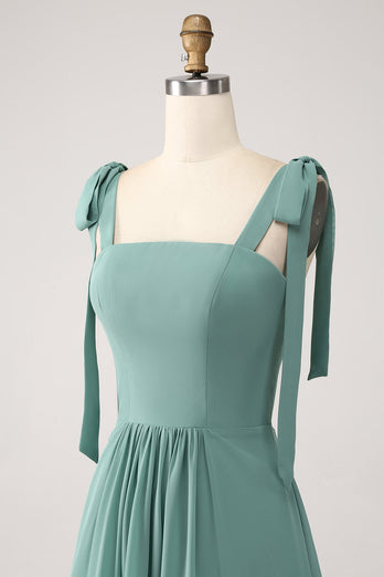 A Line Chiffon Green Long Bridesmaid Dress with Pleated