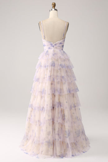 Lavender Flower Tiered Princess Prom Dress with Pleated