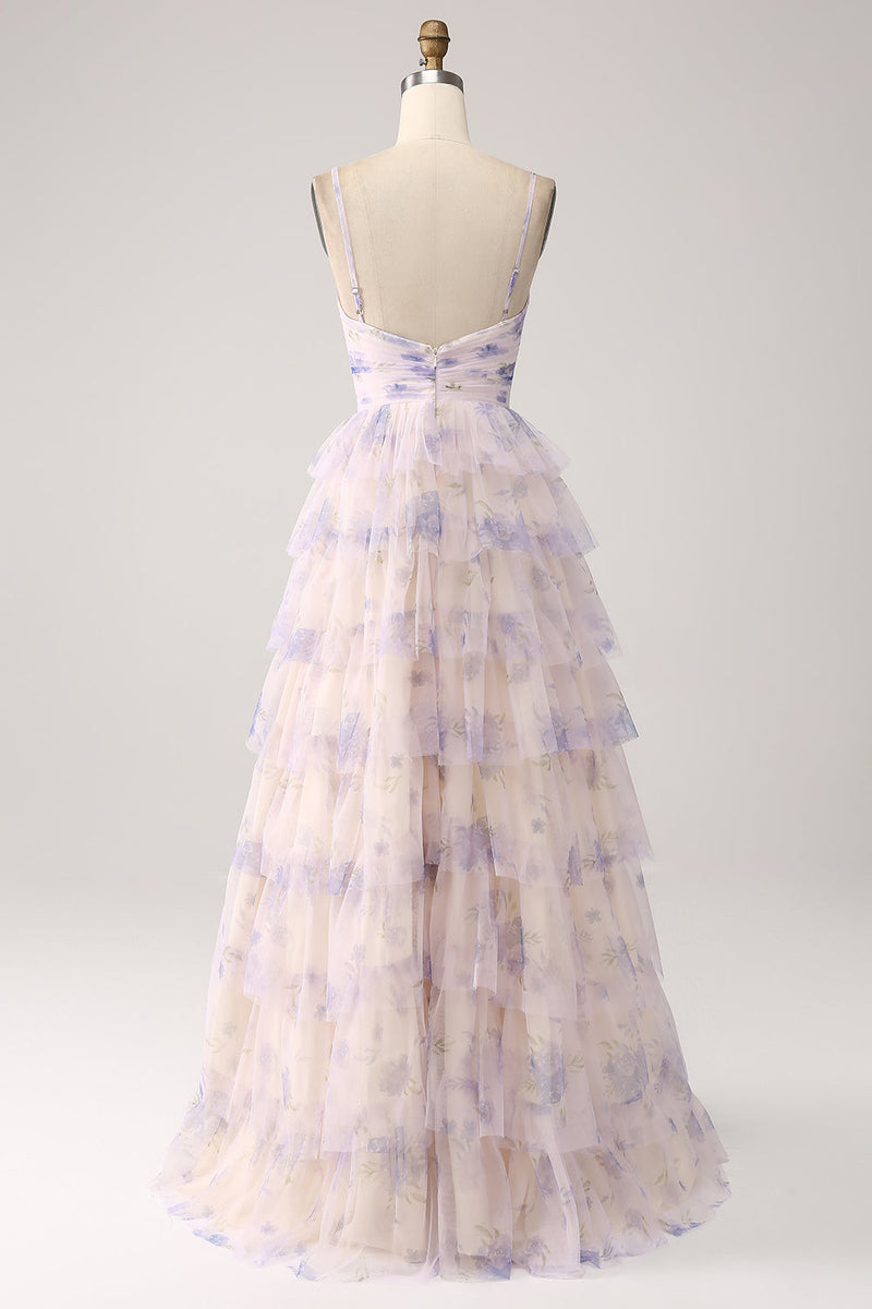 Load image into Gallery viewer, Lavender Flower Tiered Princess Prom Dress with Pleated