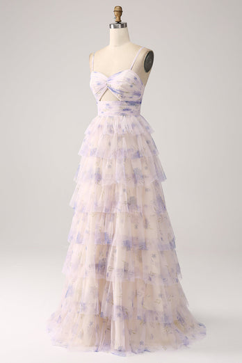 Lavender Flower Tiered Princess Prom Dress with Pleated