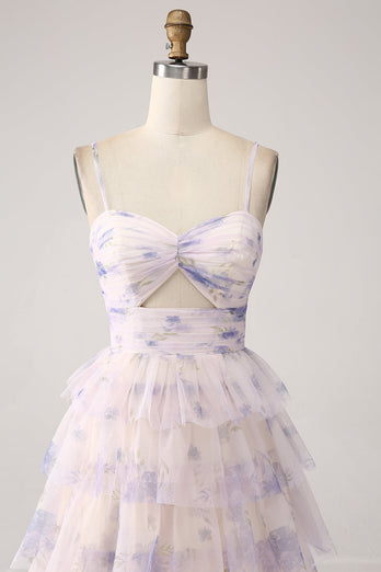 Lavender Flower Tiered Princess Prom Dress with Pleated