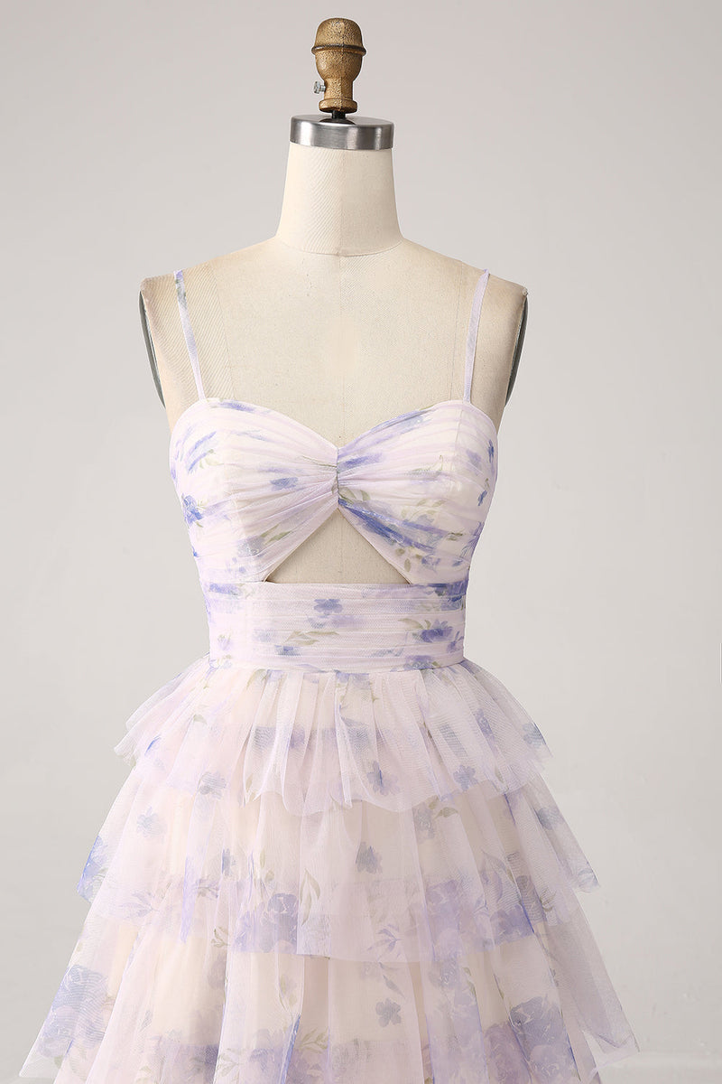 Load image into Gallery viewer, Lavender Flower Tiered Princess Prom Dress with Pleated