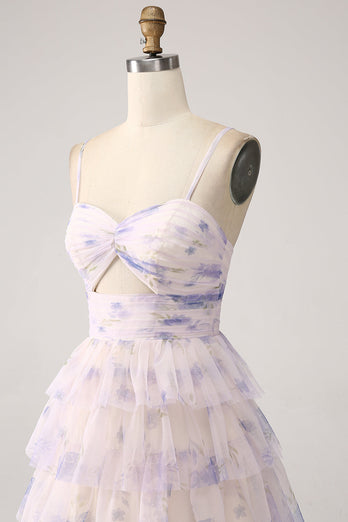 Lavender Flower Tiered Princess Prom Dress with Pleated