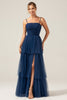 Load image into Gallery viewer, A Line Spaghetti Straps Tiered Navy Tulle Pleated Prom Dress with Slit