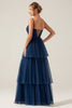 Load image into Gallery viewer, A Line Spaghetti Straps Tiered Navy Tulle Pleated Prom Dress with Slit