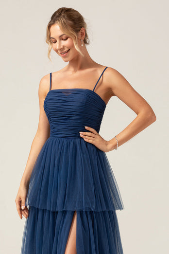 A Line Spaghetti Straps Tiered Navy Tulle Pleated Prom Dress with Slit