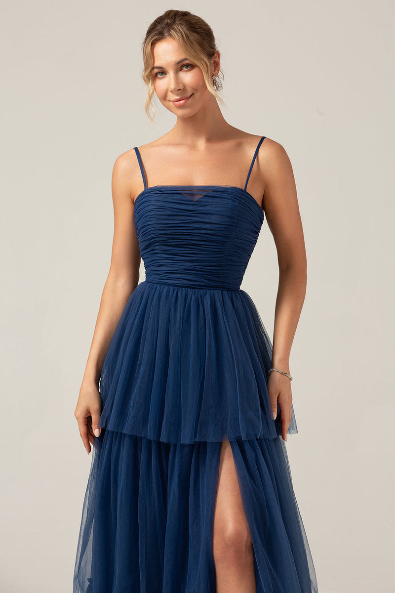 Load image into Gallery viewer, A Line Spaghetti Straps Tiered Navy Tulle Pleated Prom Dress with Slit