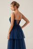 Load image into Gallery viewer, A Line Spaghetti Straps Tiered Navy Tulle Pleated Prom Dress with Slit