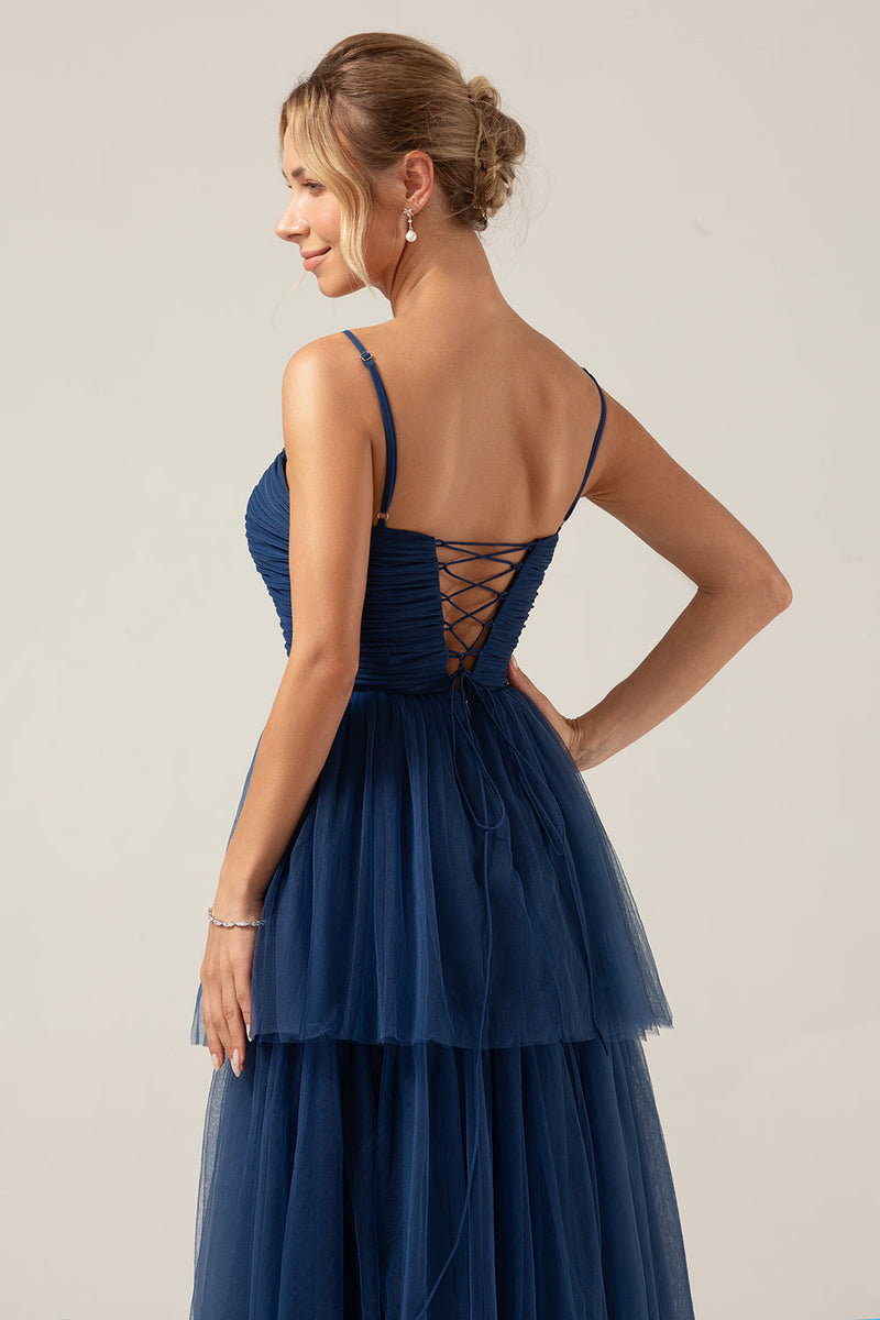 Load image into Gallery viewer, A Line Spaghetti Straps Tiered Navy Tulle Pleated Prom Dress with Slit