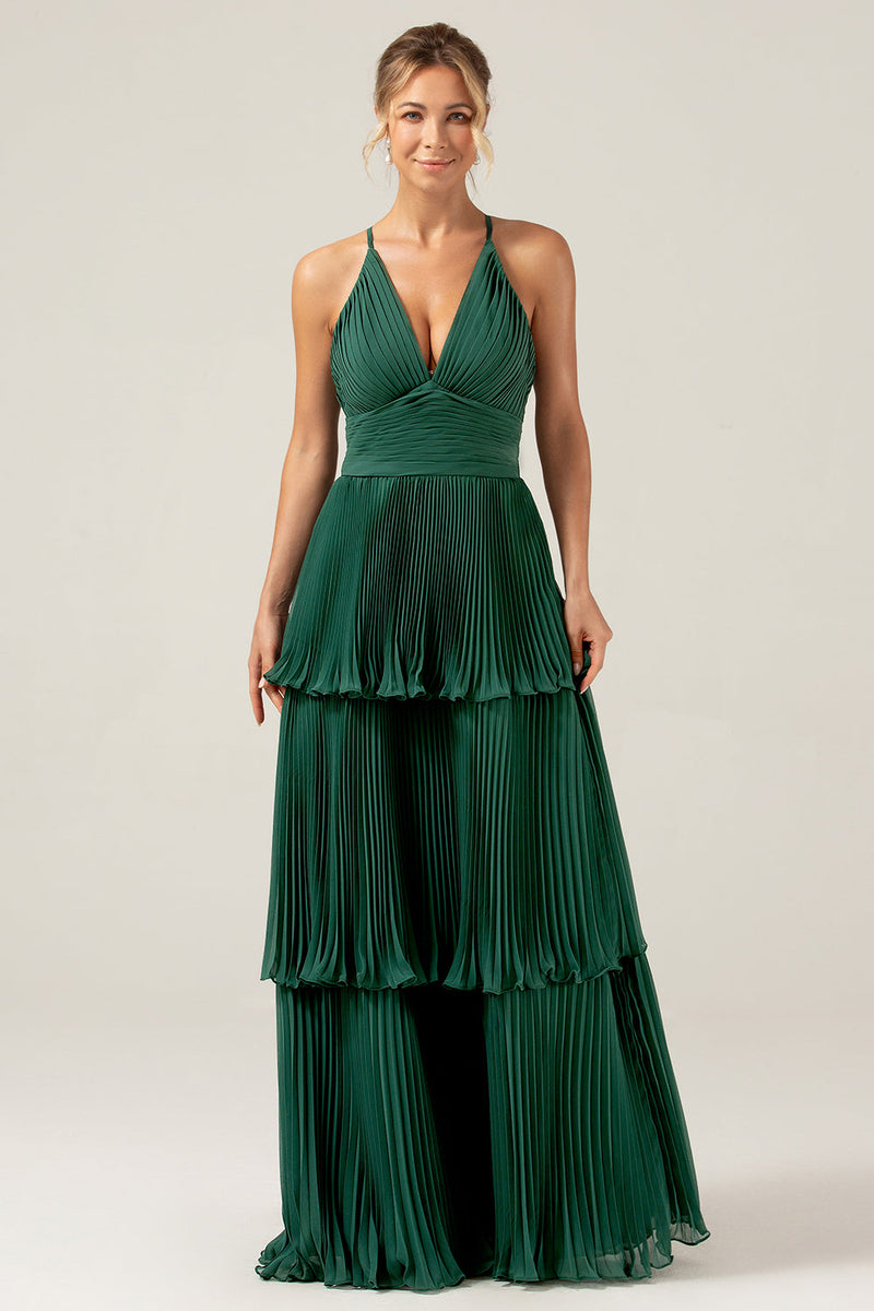 Load image into Gallery viewer, A-Line Tiered Chiffon Dark Green Long Bridesmaid Dress with Pleated