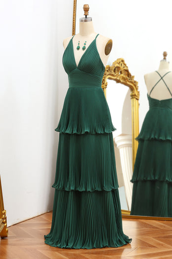 Dark Green A Line V-neck Pleated Prom Dress