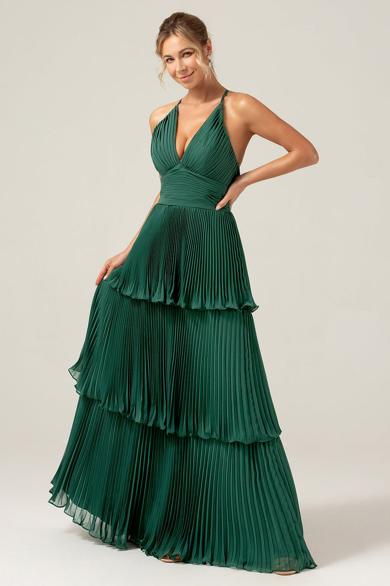 Load image into Gallery viewer, A-Line Tiered Chiffon Dark Green Long Bridesmaid Dress with Pleated