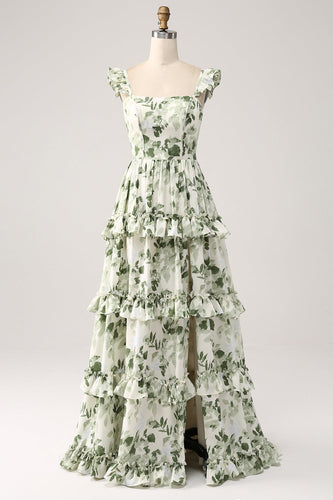 Green Floral Ruffles Tiered Prom Dress with Slit