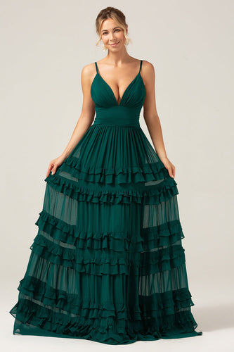 Dark Green A Line Spaghetti Straps Tiered Prom Dress with Pleated