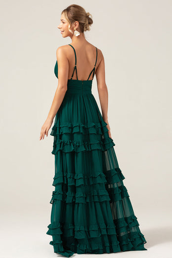 Dark Green A Line Spaghetti Straps Tiered Prom Dress with Pleated