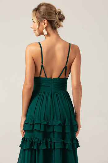 Dark Green A Line Spaghetti Straps Tiered Prom Dress with Pleated