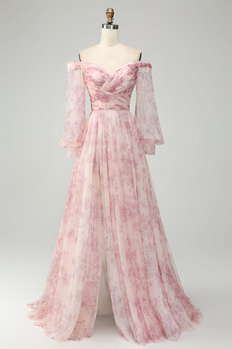 Load image into Gallery viewer, Blush Flower A-Line Off The Shoulder Print Prom Dress With Slit