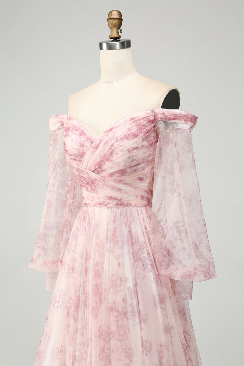 Load image into Gallery viewer, Blush Flower A-Line Off The Shoulder Print Prom Dress With Slit