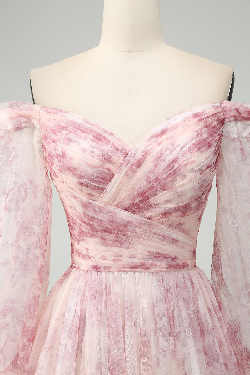 Load image into Gallery viewer, Blush Flower A-Line Off The Shoulder Print Prom Dress With Slit