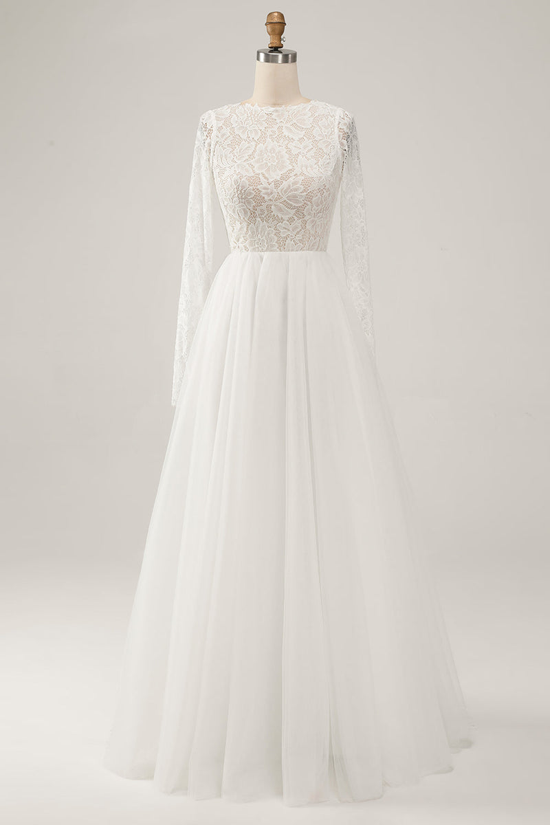 Load image into Gallery viewer, Elegant Ivory A Line Backless Long Sleeves Wedding Dress with Lace