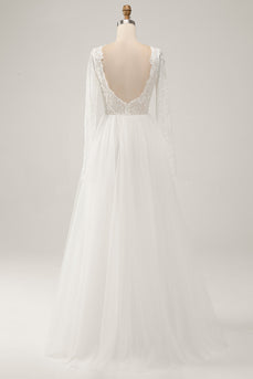 Elegant Ivory A Line Backless Long Sleeves Wedding Dress with Lace