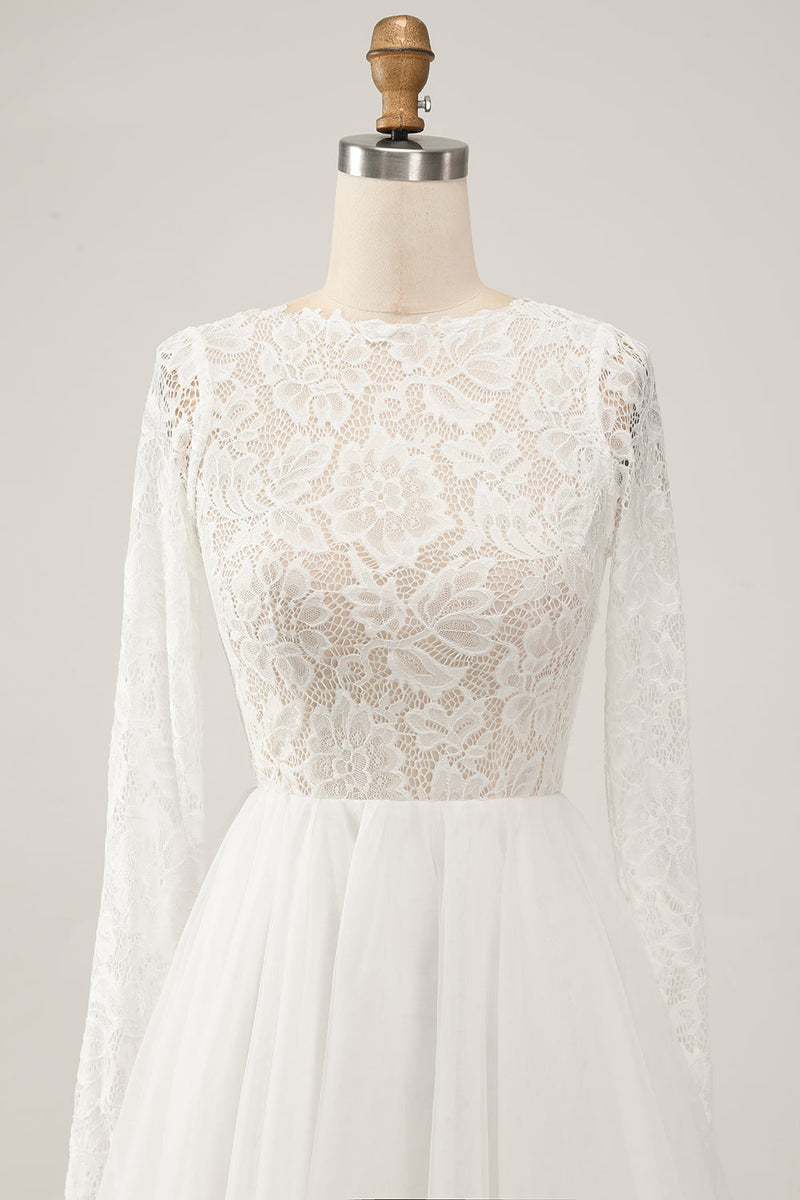 Load image into Gallery viewer, Elegant Ivory A Line Backless Long Sleeves Wedding Dress with Lace