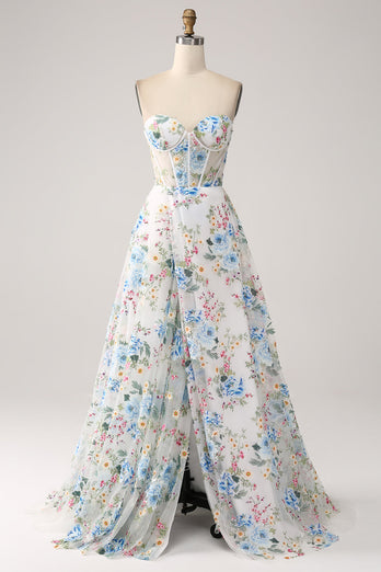 Ivory Flower A-Line Strapless Long Corset Prom Dress