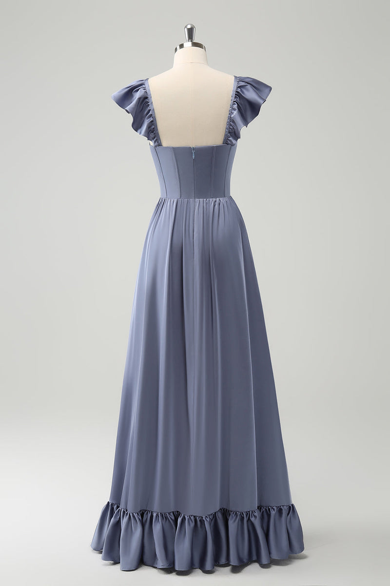 Load image into Gallery viewer, Grey Blue A Line Backless Corset Chiffon Bridesmaid Dress