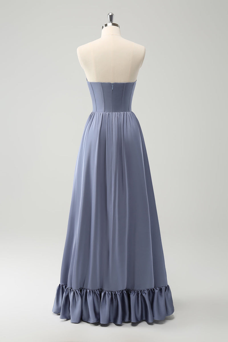 Load image into Gallery viewer, Grey Blue A Line Backless Corset Chiffon Bridesmaid Dress