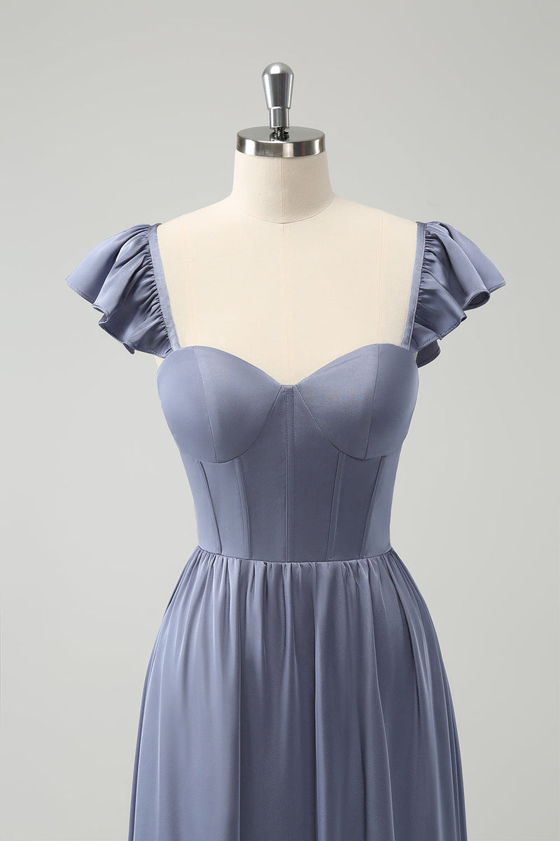 Load image into Gallery viewer, Grey Blue A Line Backless Corset Chiffon Bridesmaid Dress