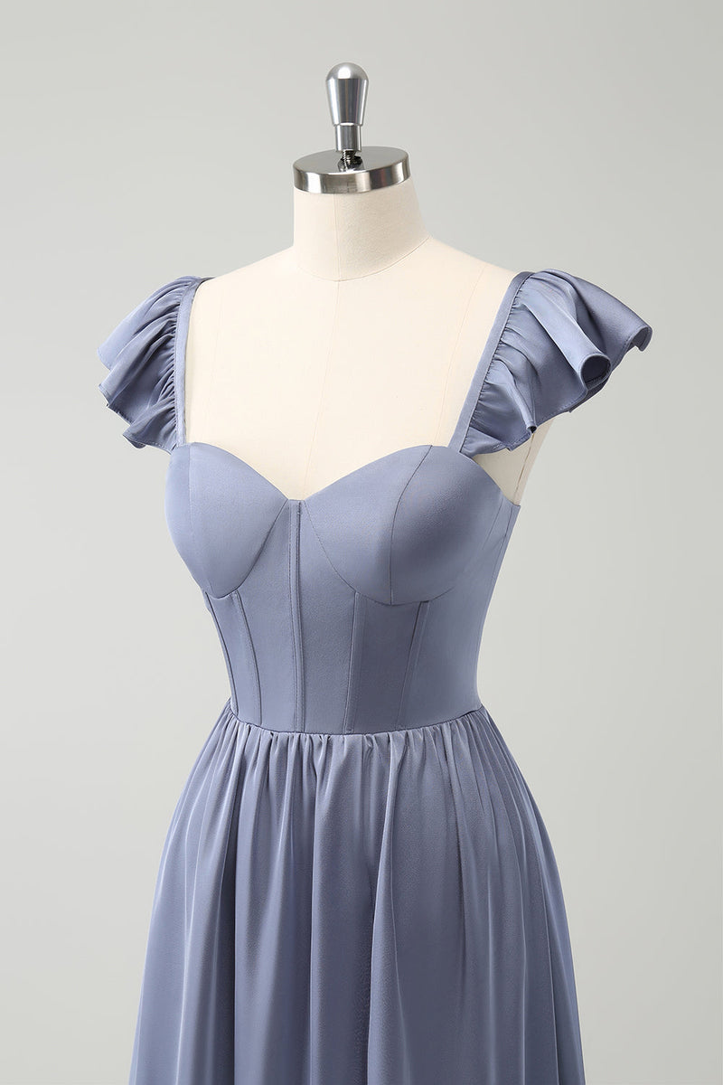 Load image into Gallery viewer, Grey Blue A Line Backless Corset Chiffon Bridesmaid Dress