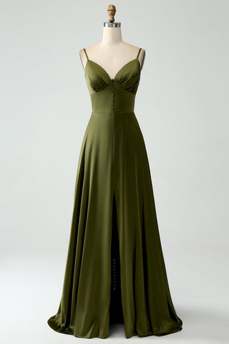 Olive A-Line Spaghetti Straps Satin Long Bridesamid Dress