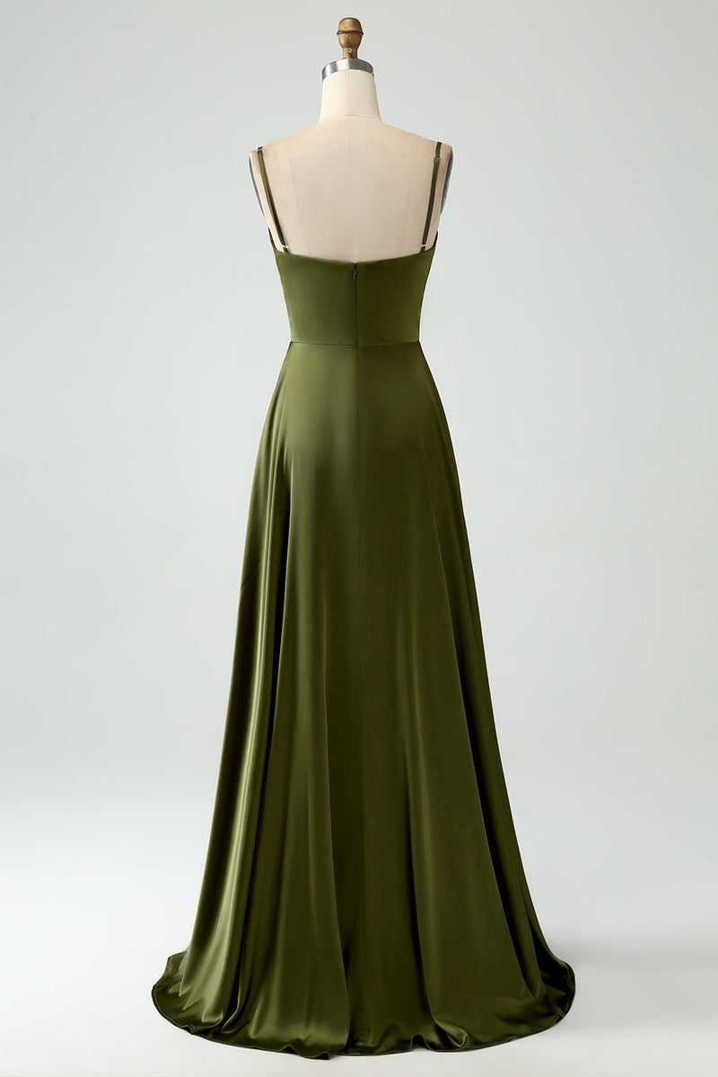 Load image into Gallery viewer, Olive A-Line Spaghetti Straps Satin Long Bridesamid Dress