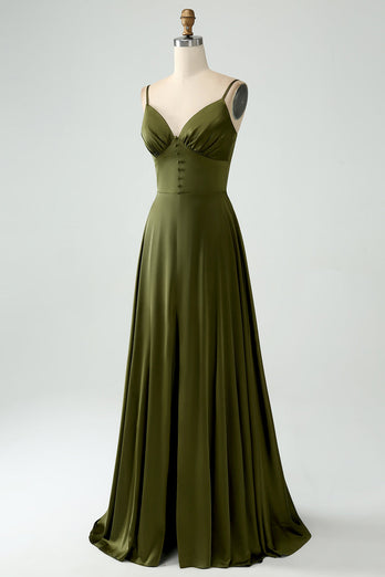 Olive A-Line Spaghetti Straps Satin Long Bridesamid Dress